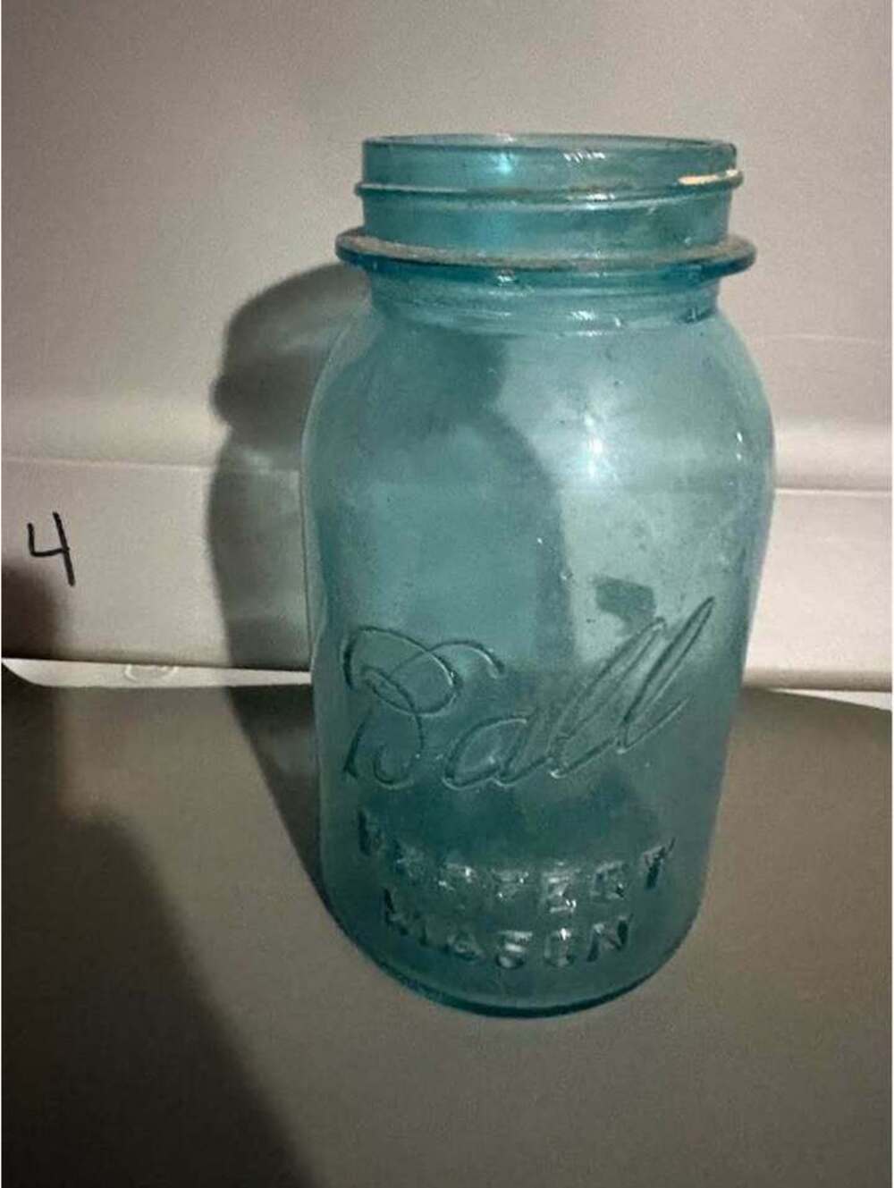 Vintage Ball Perfect Mason jar, aqua blue likely produced between 1923 and 1933.